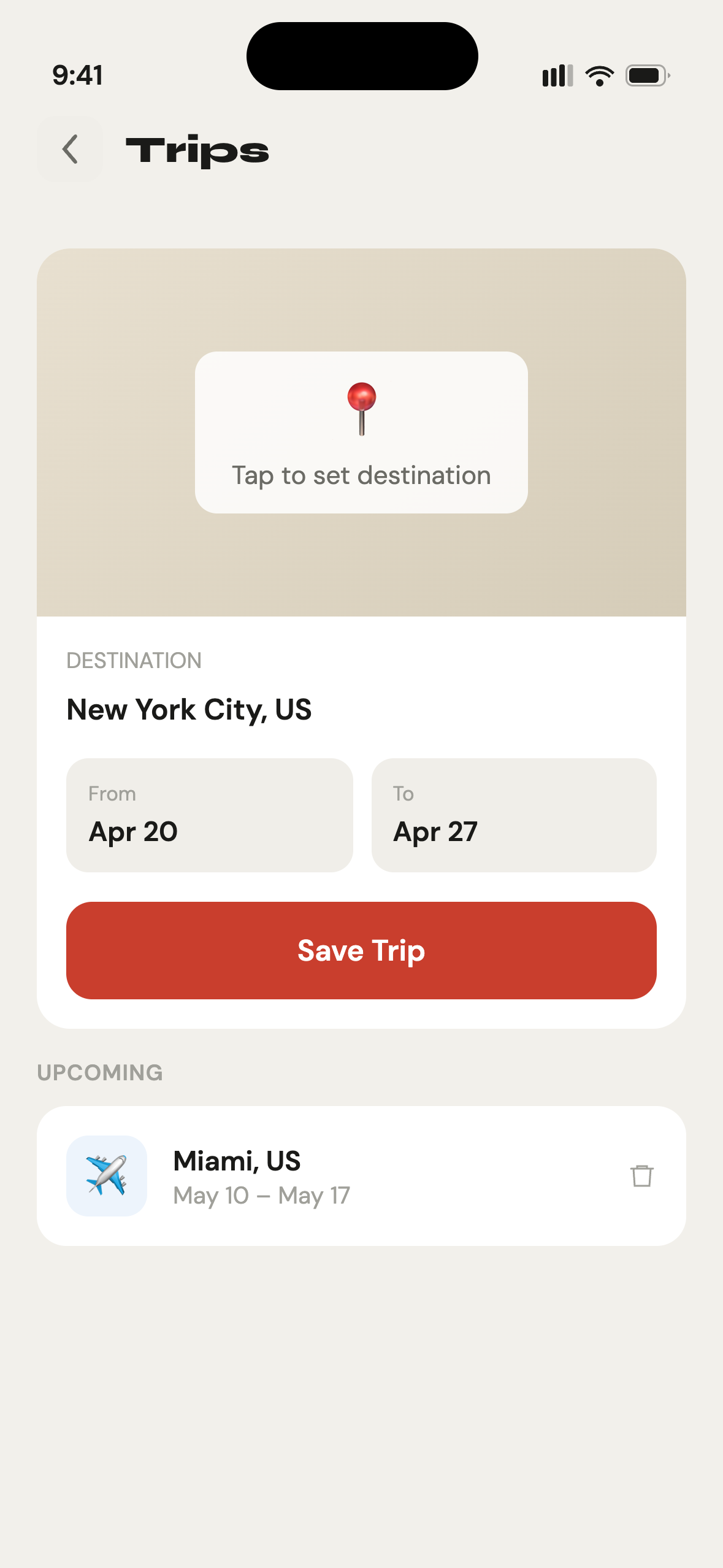 Gettit Trips screen showing upcoming travel plans and availability