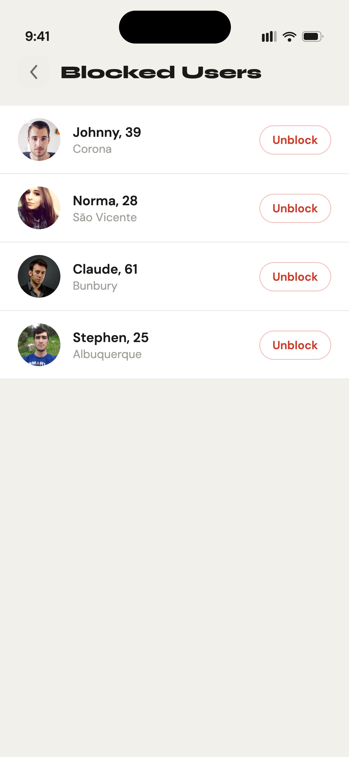 Gettit Blocked Users screen