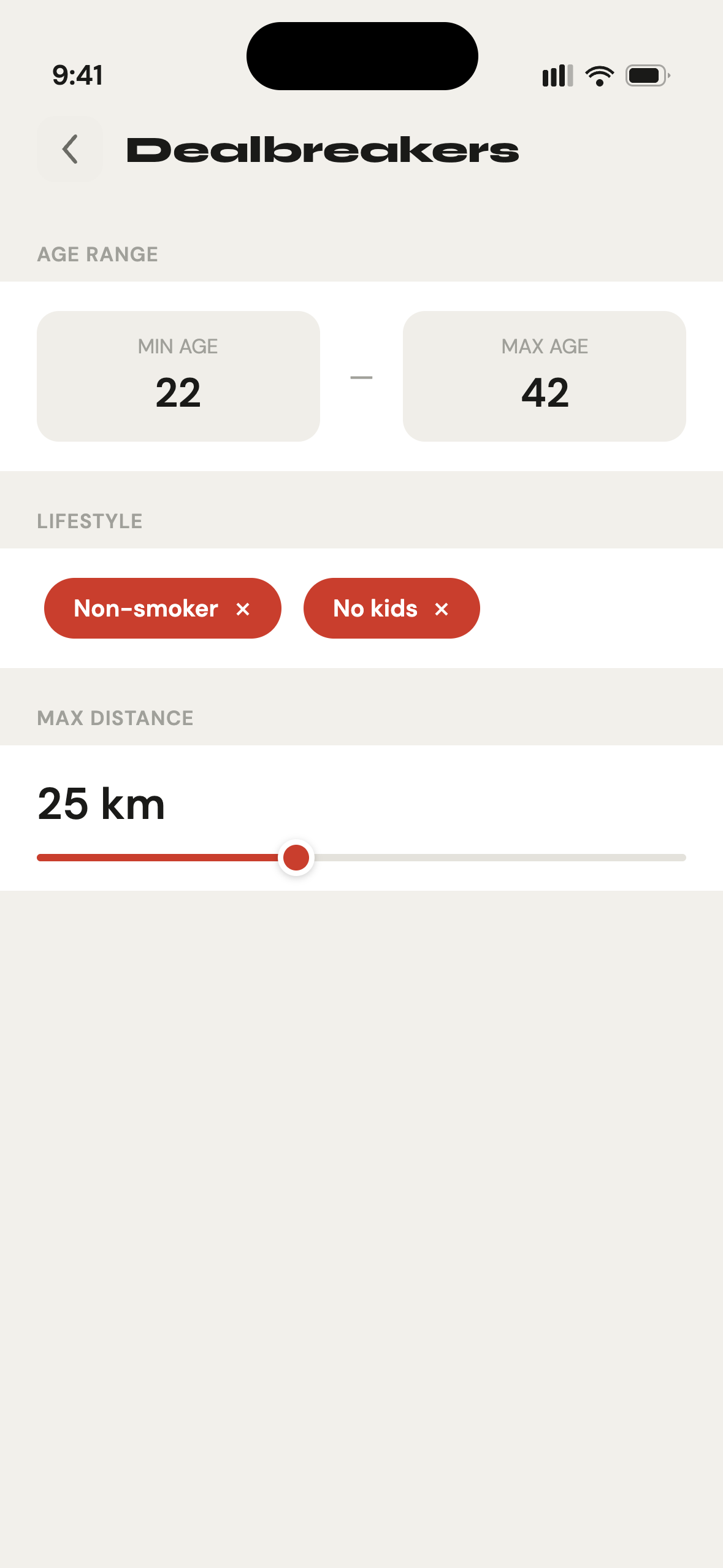 Gettit Dealbreakers settings showing age range, lifestyle filters, and max distance slider