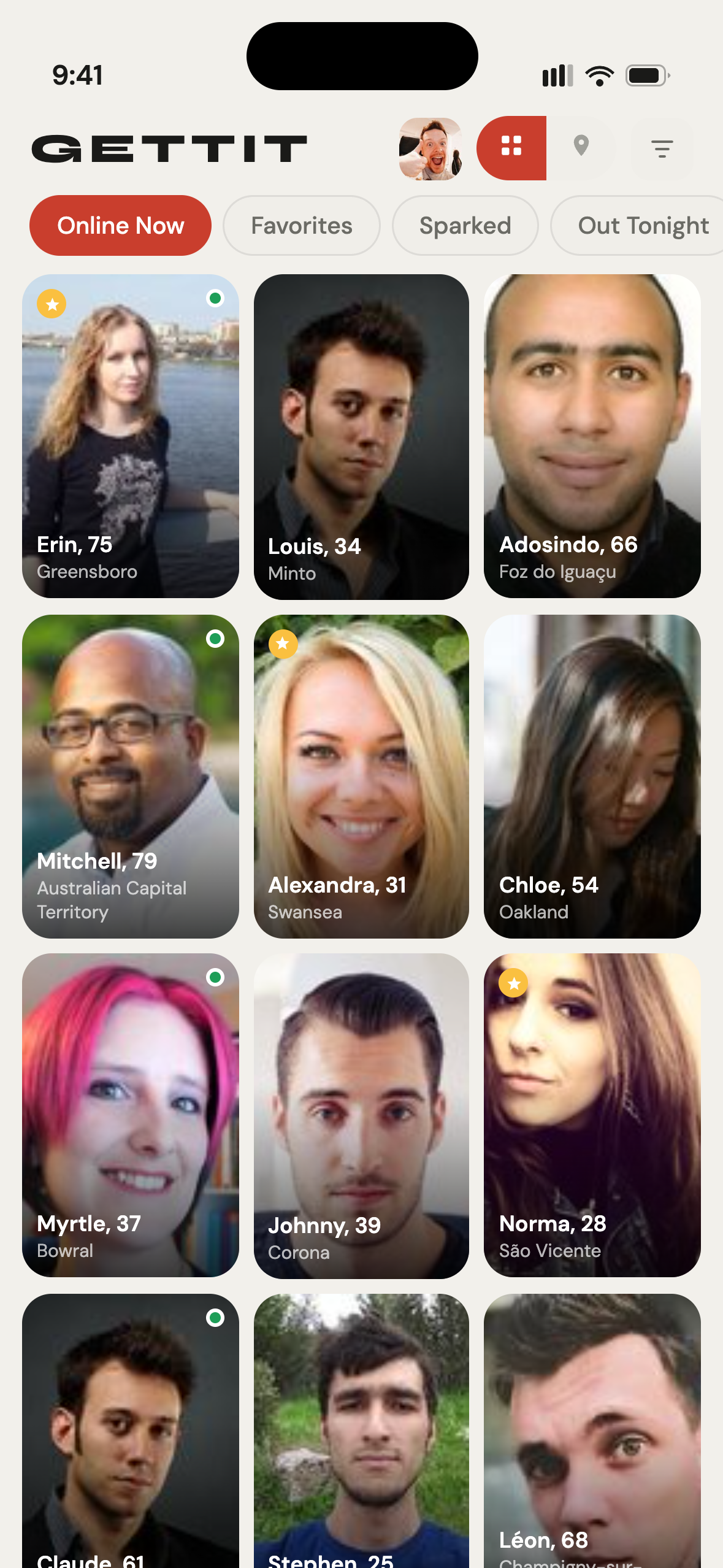 Gettit proximity grid showing real verified users nearby