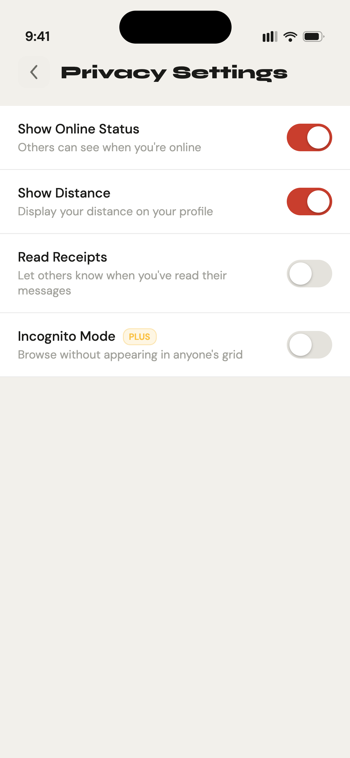 Gettit privacy settings — location fuzzing and online status controls