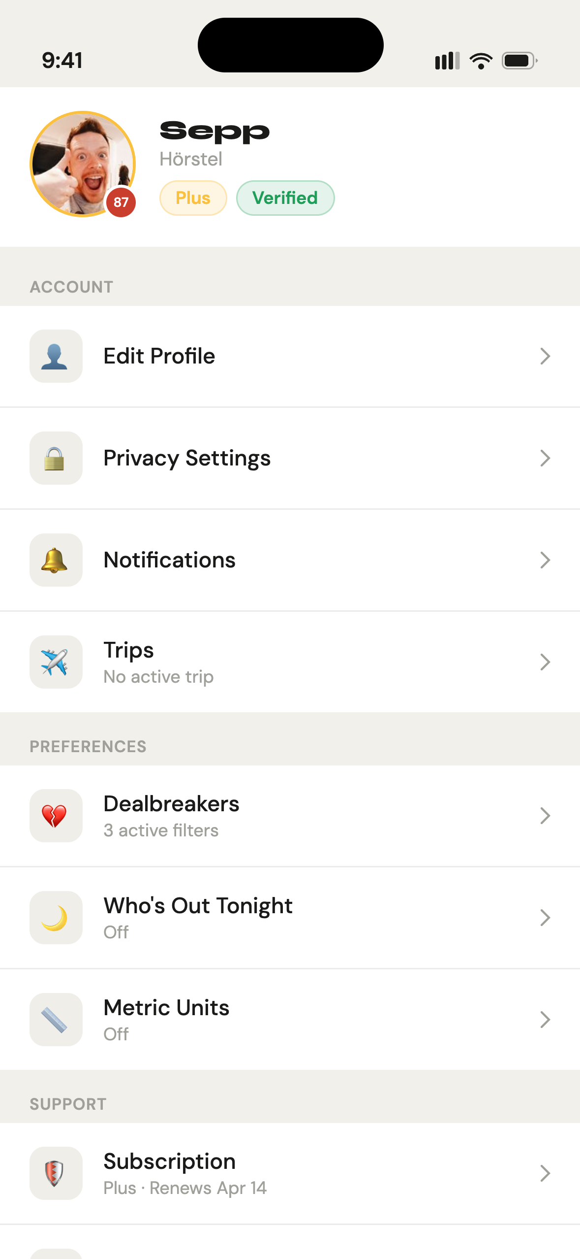 Gettit settings screen with privacy and safety controls