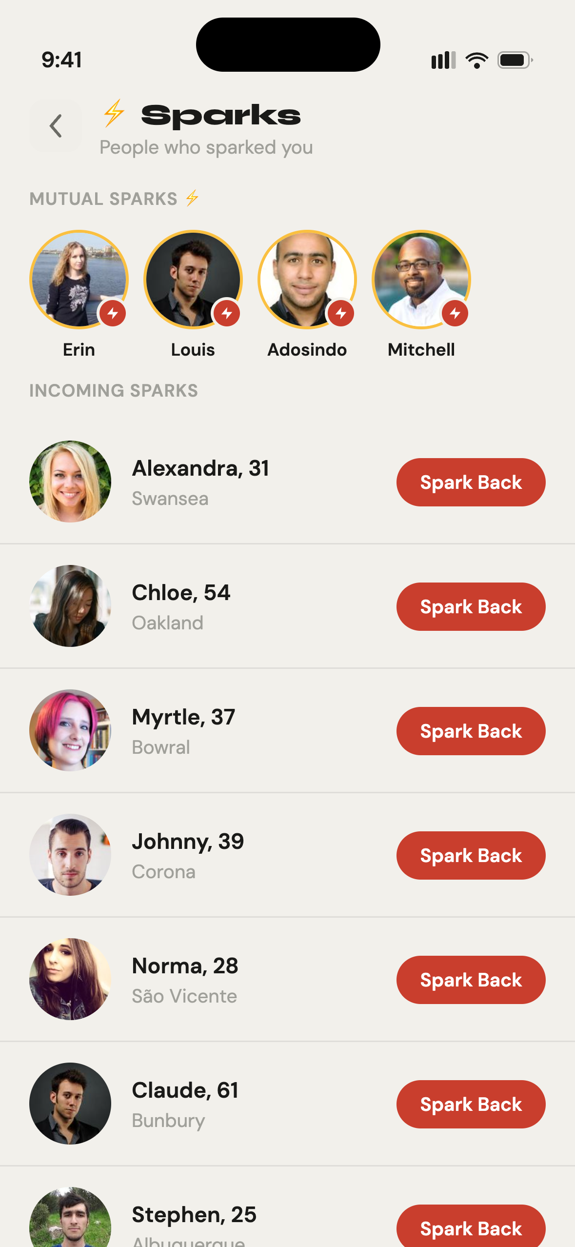 Gettit sparks screen showing mutual connections