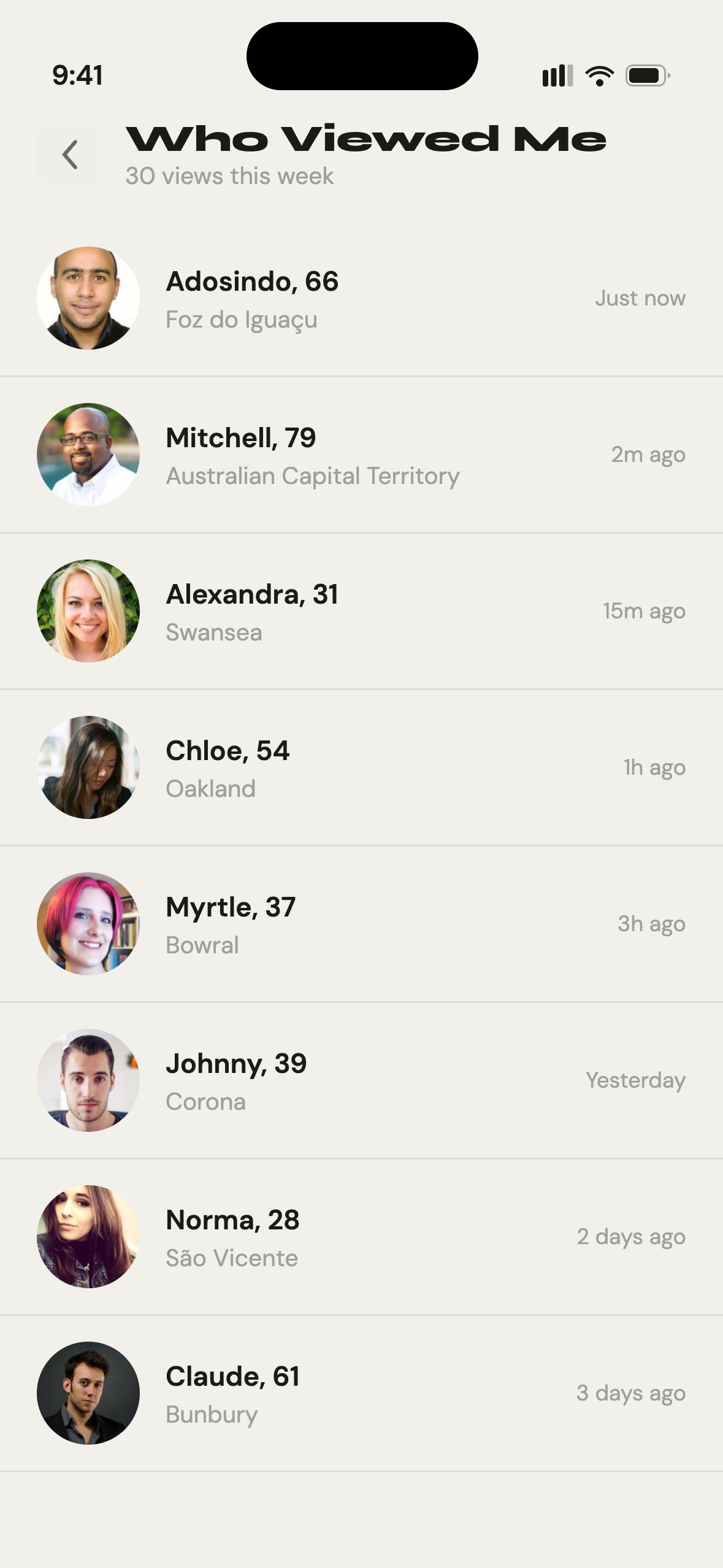 Gettit Who Viewed Me screen showing profile visitors